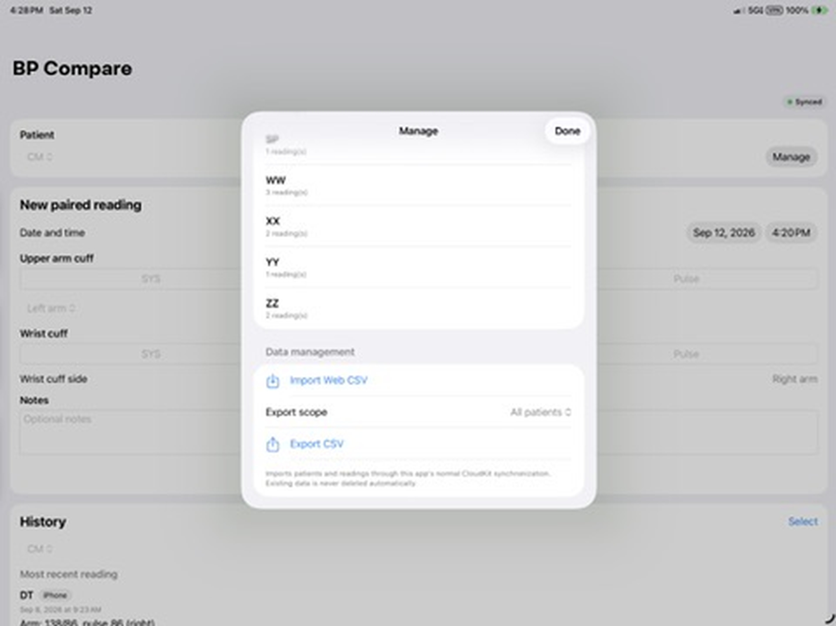 BP Compare on iPad showing Manage with patient records and CSV import and export controls