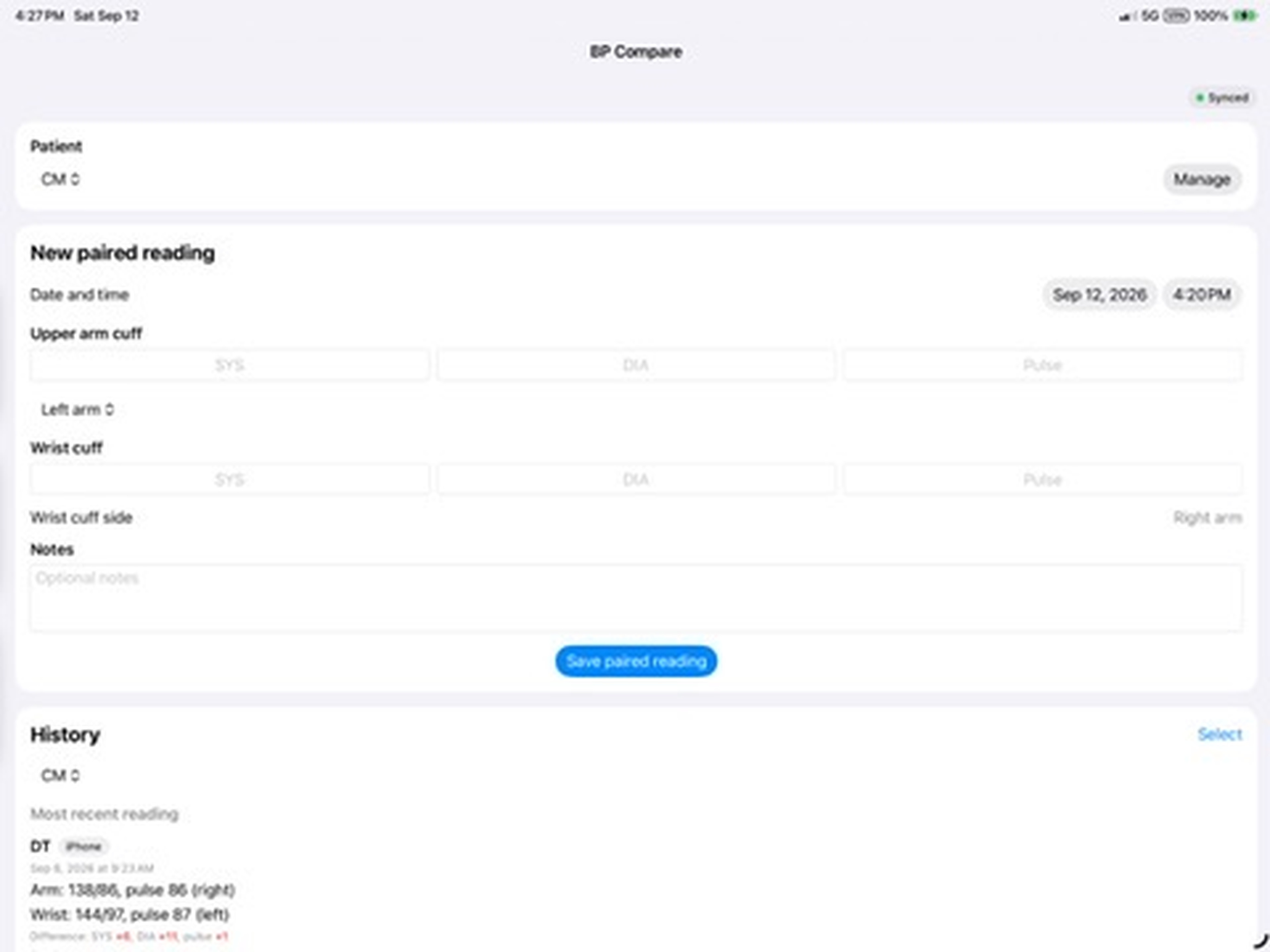BP Compare on iPad showing the paired upper-arm and wrist reading form and History