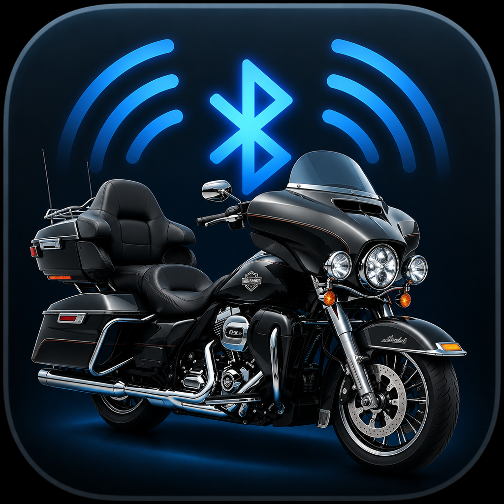 Ride Connected app icon showing a motorcycle beneath a Bluetooth symbol