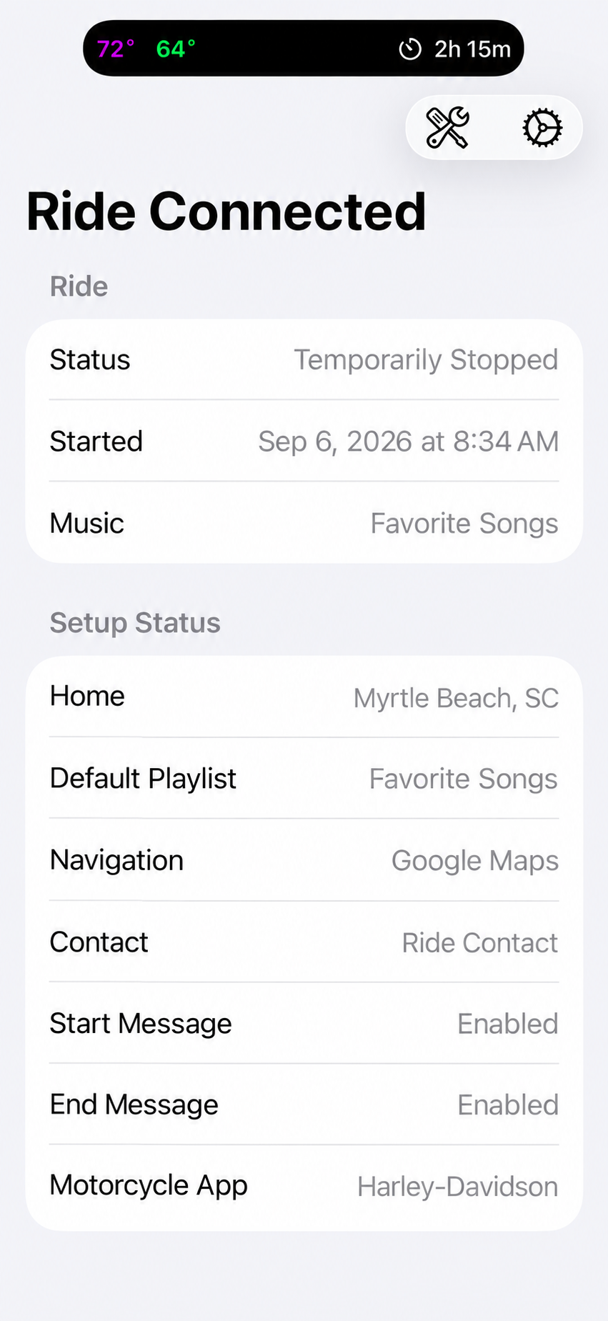 Sanitized Ride Connected main screen showing a temporarily stopped ride, generic home location, playlist, navigation, and ride-message settings