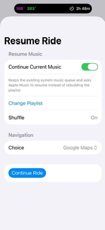 Ride Connected Resume Ride screen showing Continue Current Music, Change Playlist, Google Maps, and Continue Ride