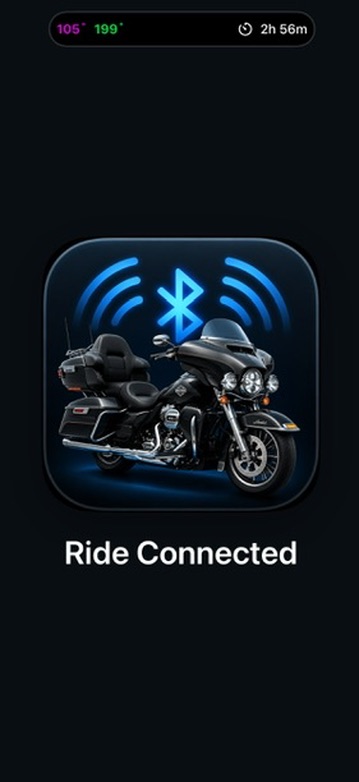 Ride Connected iPhone splash screen showing the motorcycle and Bluetooth app artwork