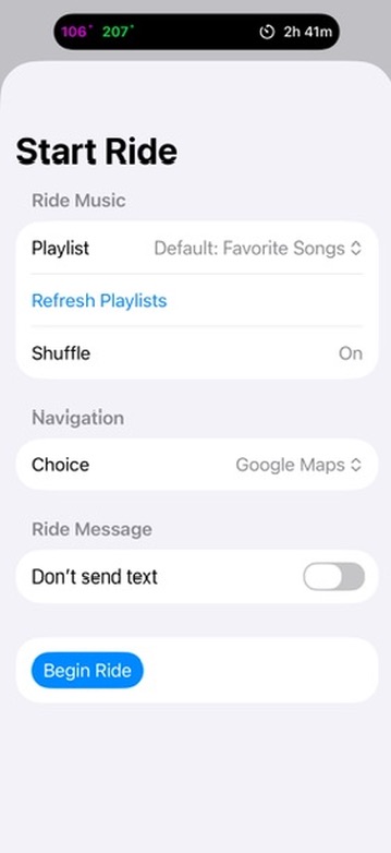 Ride Connected Start Ride screen showing Favorite Songs, shuffle, Google Maps, an optional ride message, and Begin Ride